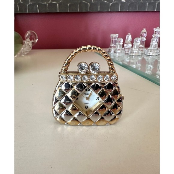 VTG P.O.V. Purse Shaped Quartz Watch White MOP Face Rhinestones Works - Picture 5 of 5